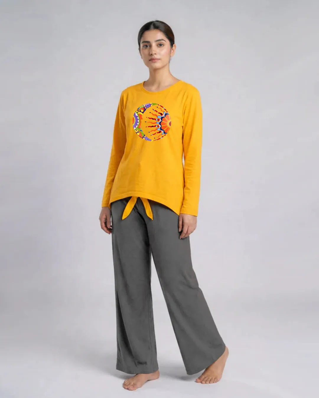 Women Premium 2 Piece Lounge Set | Moon & Sun - Yellow & Grey