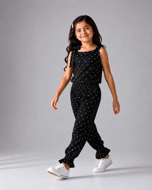 Girls Black Polka Dot Sleeveless Jumpsuit