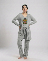 Women 3 Pieces Night Suit - Multi Pattern | Grey