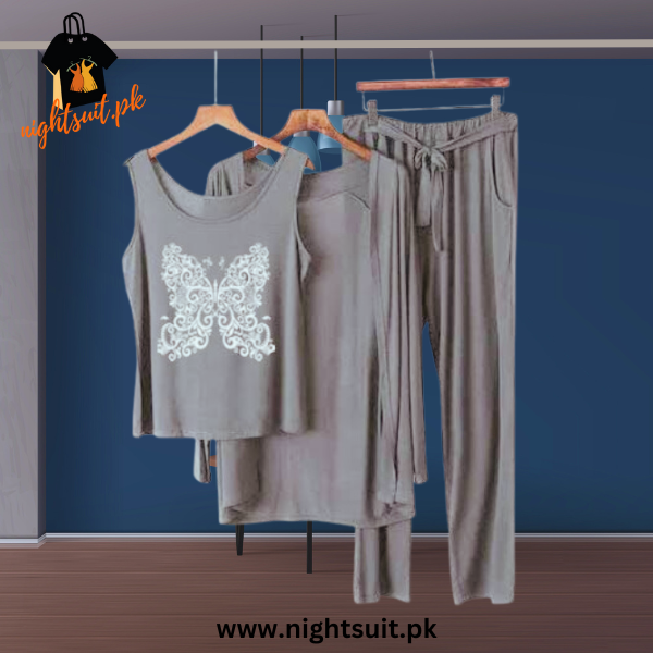 Grey White Butterfly Women Night Suit PJ 3 Pieces Set