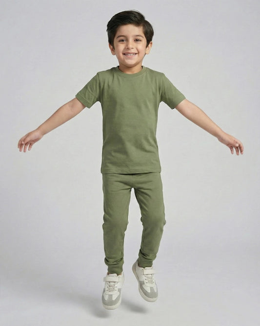 Kids Olive Green Cotton T-Shirt & Trouser Set