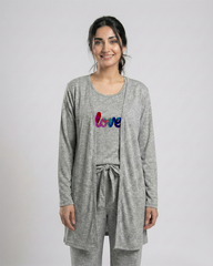 Women 3 Pieces Night Suit - Multi Love | Grey