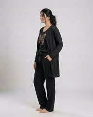 Women 3 Pieces Night Suit - Colored Butterfly | Black