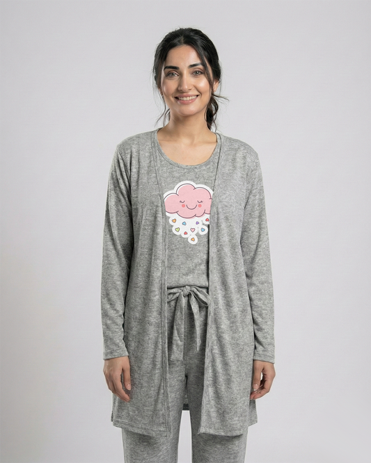 Women 3 Pieces Night Suit - Pink Cloud | Grey