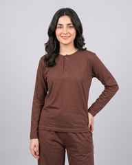 Women Button Style 2 Piece Lounge Wear - Chocolate Brown
