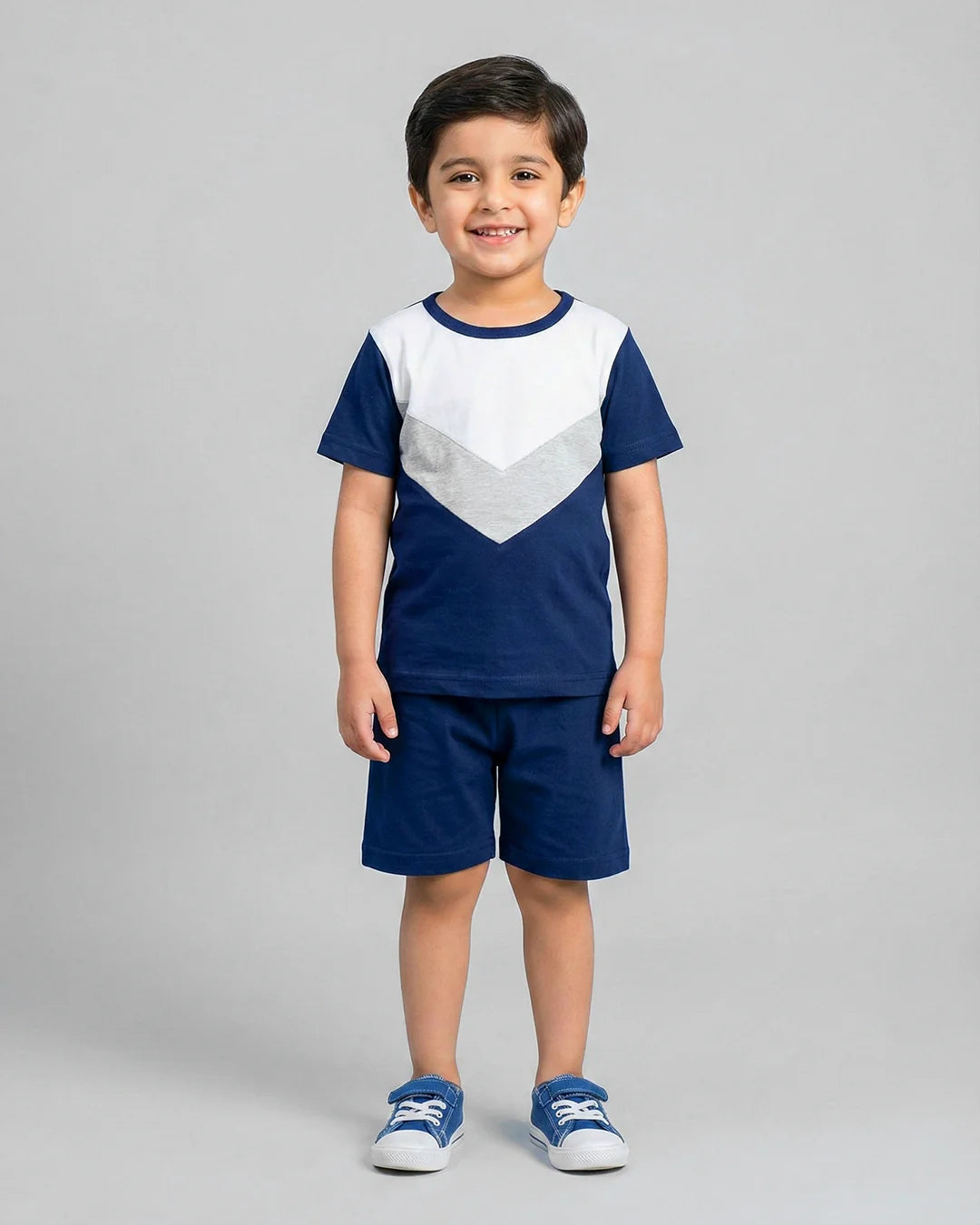 Blue Grey Panel Kids Short Sleeve Kids Wear