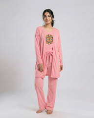 Women's 3 Pieces Night Suit - Multi Pattern | Baby Pink