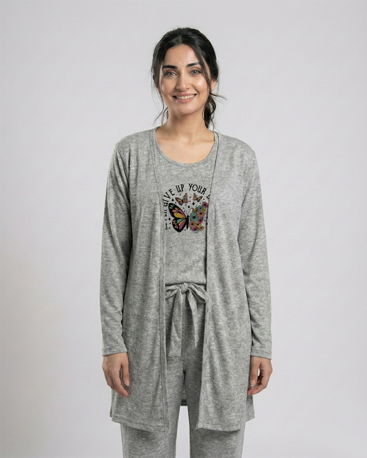 Women 3 Pieces Night Suit - Never Give Up | Grey