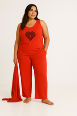 Women’s 3 Piece Nightwear Lounge Set with Geometrical Heart Print | Plus Size Loungewear