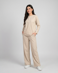 Women Button Style 2 Piece Lounge Wear - Beige
