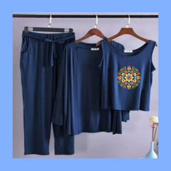 Multi Pattern Women Night Suit 3 Pieces Set