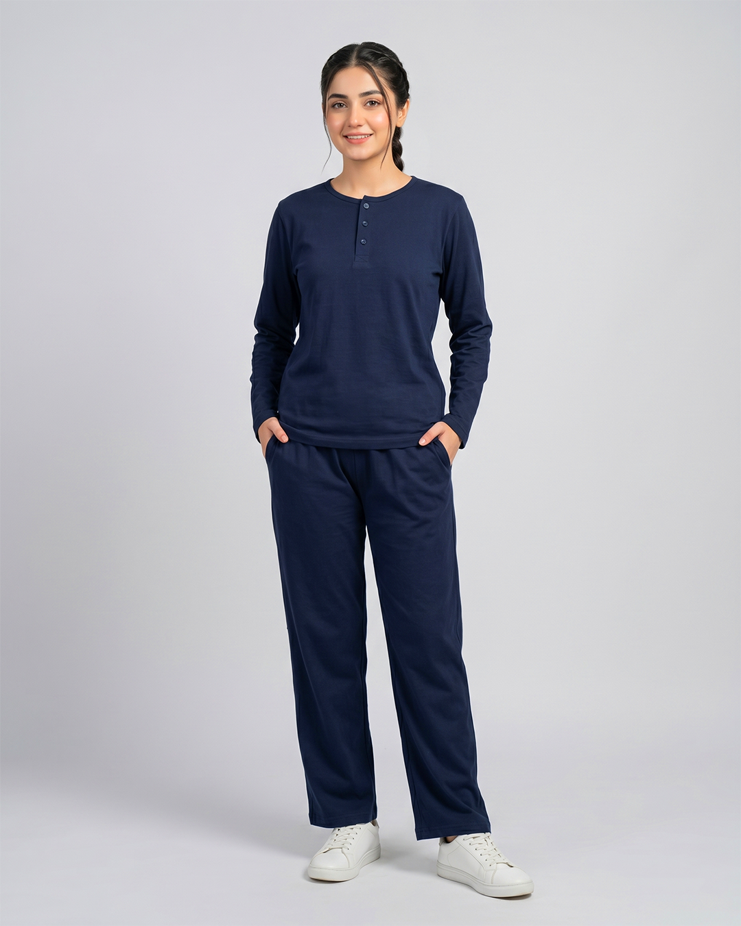 Women Button Style 2 Piece Lounge Wear - Navy Blue