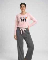 Women Premium 2 Piece Lounge Set | BTS + Cartoons - Pink & Grey