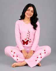 Women Round-Neck Lounge Wear | Red Butterfly - Baby Pink