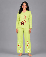 Women Round-Neck Lounge Wear | Red Butterfly - Lemon Yellow