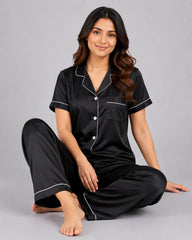Women Silk 2 Piece Pajama Set - Black