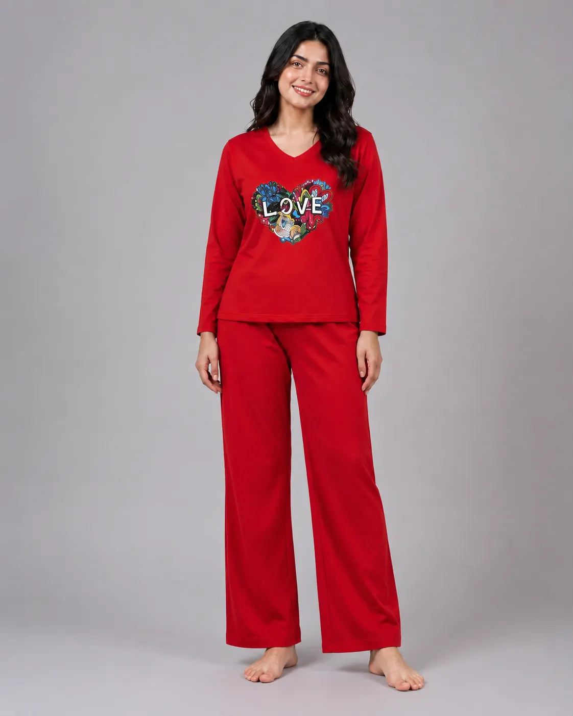 Women V-Neck Lounge Wear | Love Color - Red