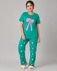 Polka Bow Night Suit - Green