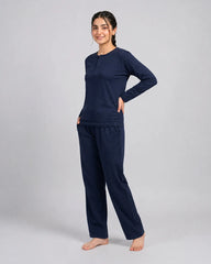 Women Button Style 2 Piece Lounge Wear - Navy Blue
