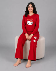 Women Round-Neck Lounge Wear | Hello Kitty - Red