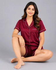 Women Silk 2 Piece Short Set - Maroon