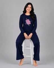 Women Round-Neck Lounge Wear | Flower - Navy Blue