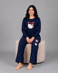 Women Round-Neck Lounge Wear | Hello Kitty - Navy Blue