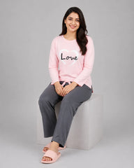 Women Premium 2 Piece Lounge Set | Love Heart - Pink & Grey