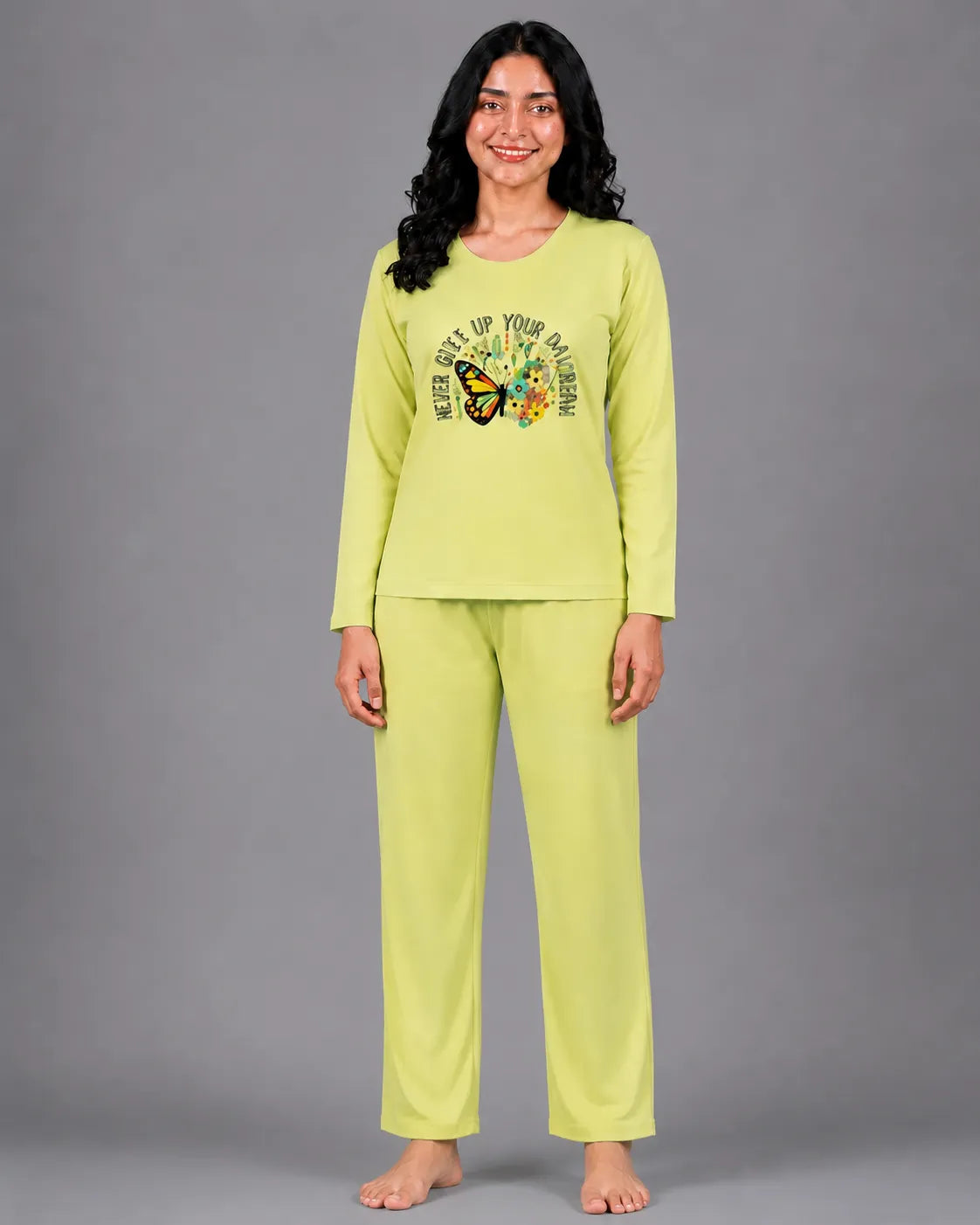 Women Round-Neck Lounge Wear | Never Give Up - Lemon Yellow