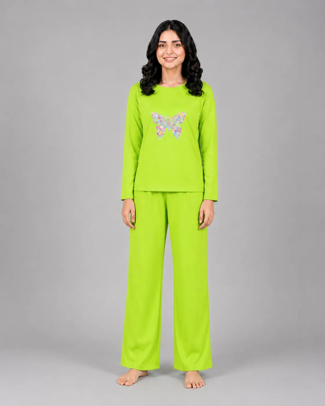 Women Round-Neck Lounge Wear | Colored Butterfly - Lemon Yellow