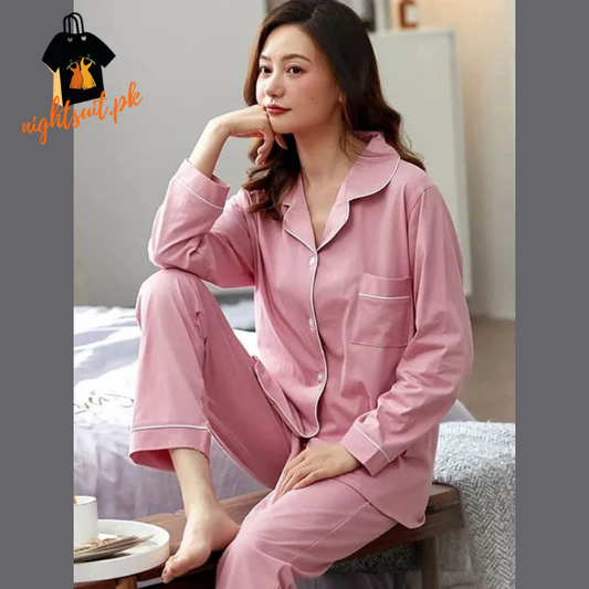 Pink Silk Night Suit Turn Down Collar Long Sleeves