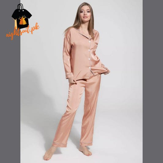 Rose Gold Silk Night Suit Turn Down Collar Long Sleeves