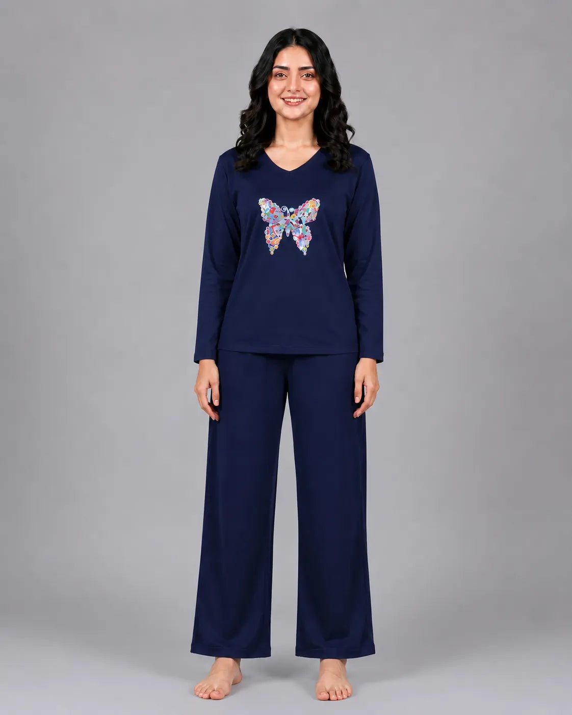 Women V-Neck Lounge Wear | Colored Butterfly - Navy Blue