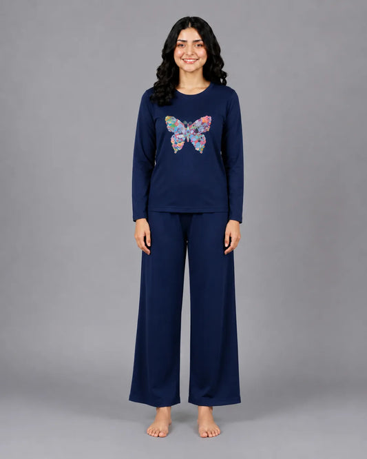 Women Round-Neck Lounge Wear | Colored Butterfly - Navy Blue