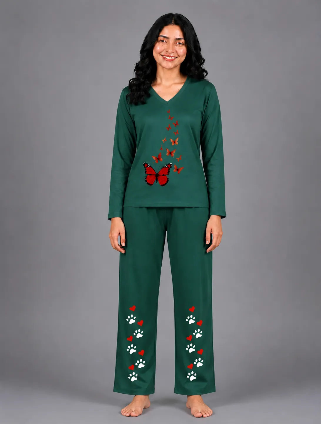 Women V-Neck Lounge Wear | Red Butterfly - Sherwood Green