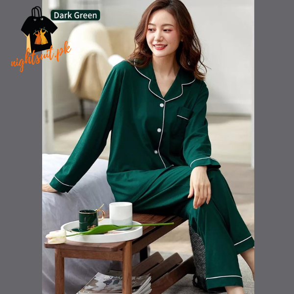 Bottle Green Silk Night Suit Turn Down Collar Long Sleeves