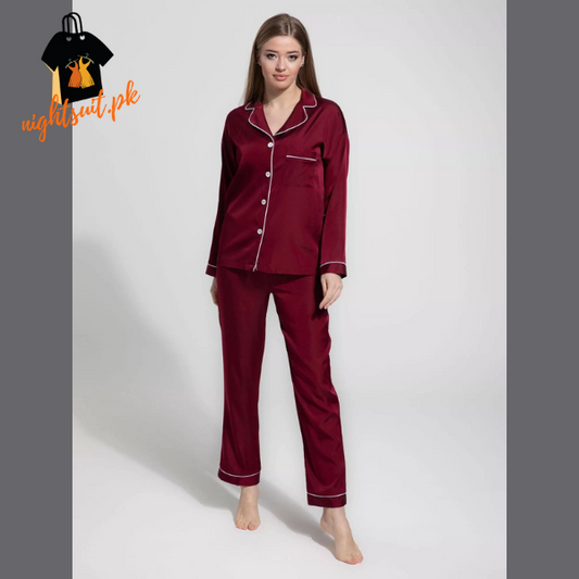 Silky Maroon Silk Night Suit Turn Down Collar Long Sleeves