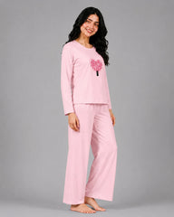 Women Round-Neck Lounge Wear | Tree Heart - Baby Pink