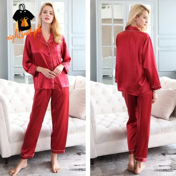 Red Silk Night Suit Turn Down Collar Long Sleeves