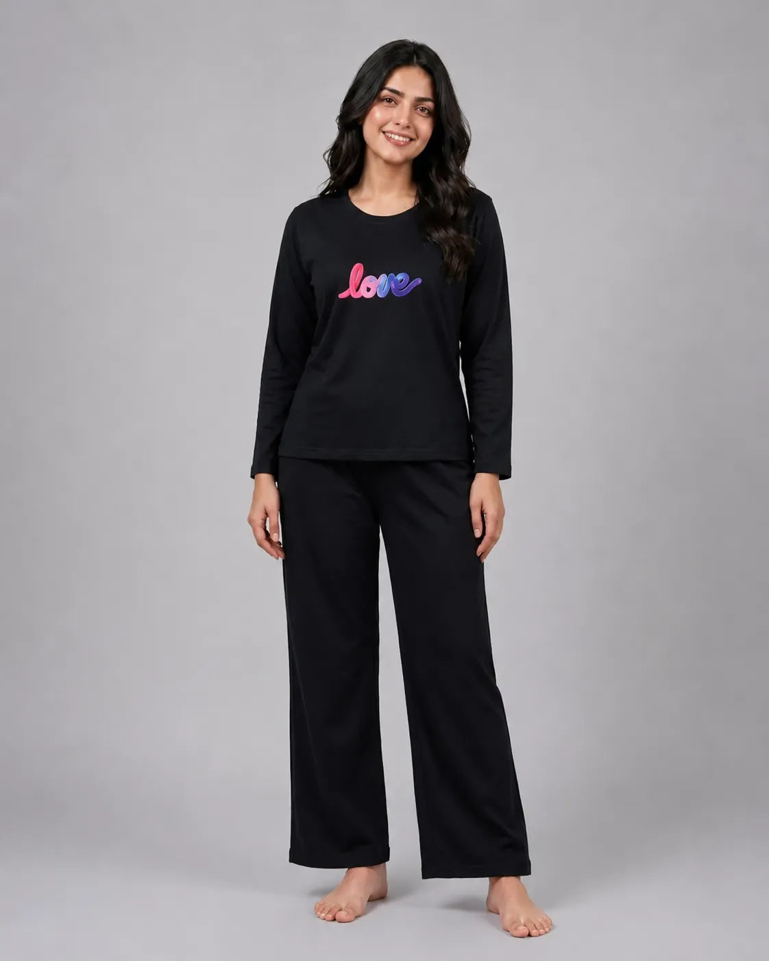 Women Round-Neck Lounge Wear | Multi Love - Black