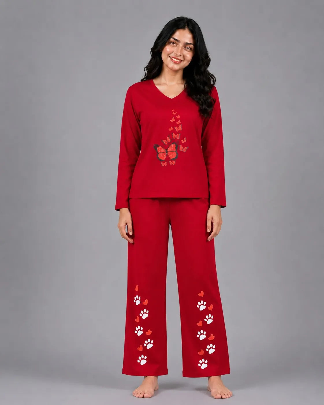 Women V-Neck Lounge Wear | Red Butterfly - Red