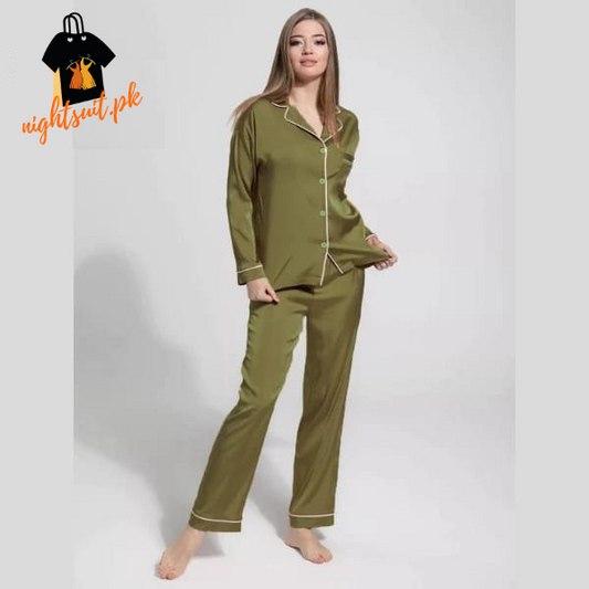 Yellow Metal Silk Pajama Set For Women