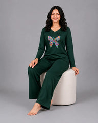 Women V-Neck Lounge Wear | Colored Butterfly - Sherwood Green