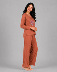 Women V-Neck Lounge Wear | Flower - Rusty