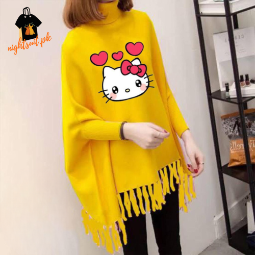 Yellow Kitty Printed Poncho