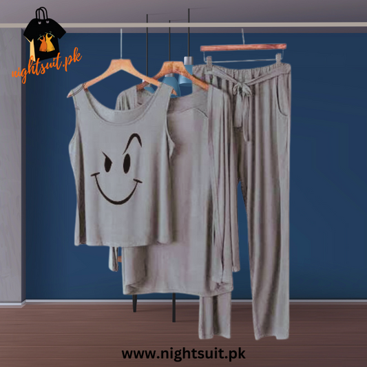 Grey Black Smile Women Night Suit PJ 3 Pieces Set