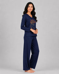 Women V-Neck Lounge Wear | Spring Tree - Navy Blue