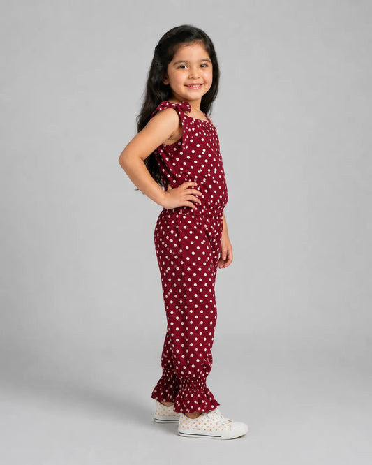 Girls Maroon Polka Dot Sleeveless Jumpsuit