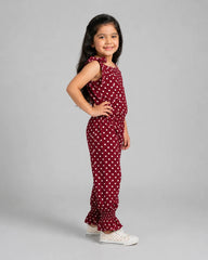 Girls Maroon Polka Dot Sleeveless Jumpsuit