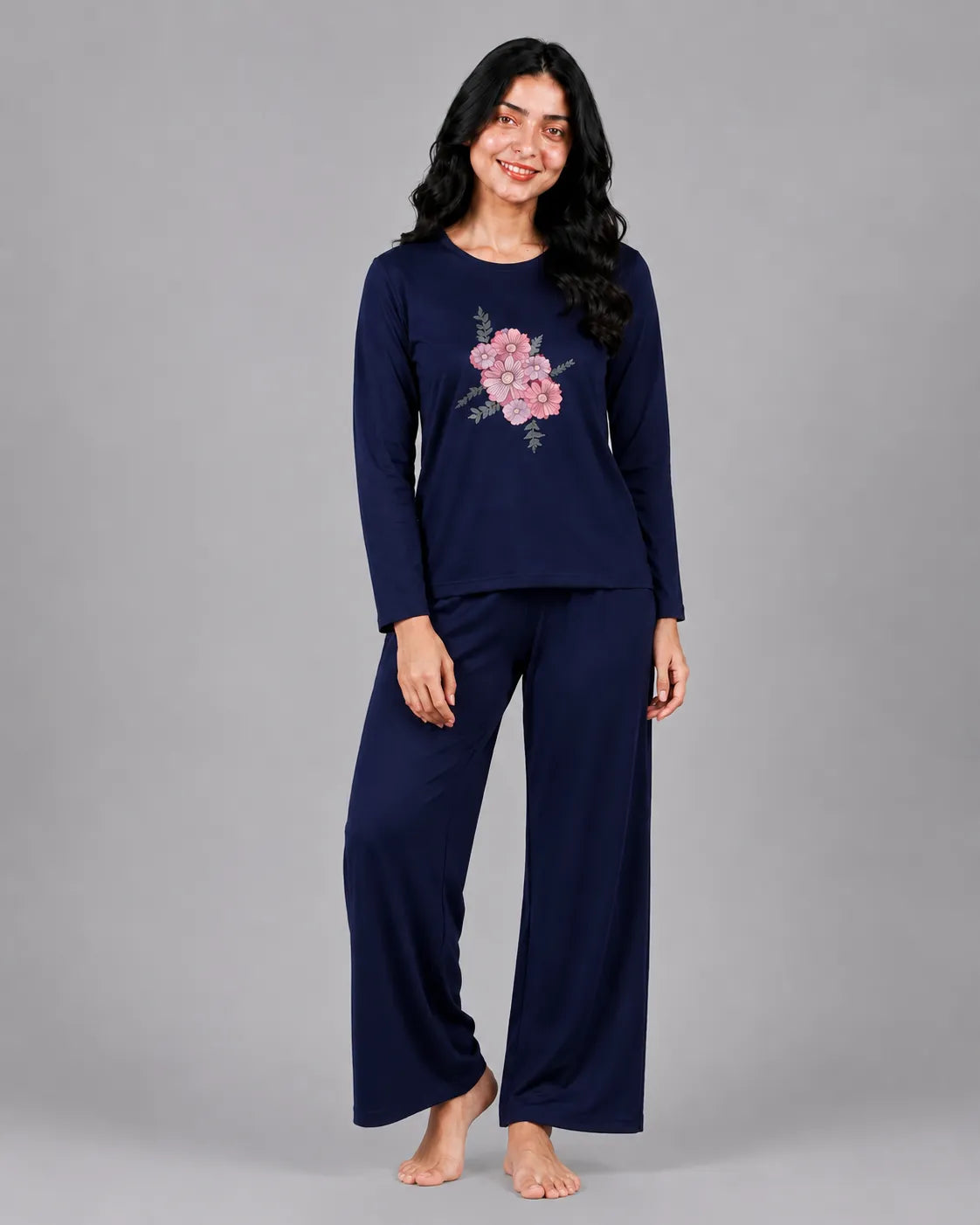 Women Round-Neck Lounge Wear | Flower - Navy Blue